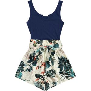 imageSHENHE Womens Summer Sleeveless Notched Neck Tropical Print Belted Shorts Tank Romper JumpsuitsDeep Blue