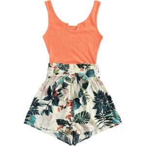 imageSHENHE Womens Summer Sleeveless Notched Neck Tropical Print Belted Shorts Tank Romper JumpsuitsOrange Tropical Print