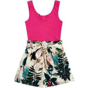 imageSHENHE Womens Summer Sleeveless Notched Neck Tropical Print Belted Shorts Tank Romper JumpsuitsPink