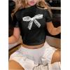 imageSHENHE Womens Bow Print Short Sleeve Crop Tops Round Neck Fitted Summer Tee ShirtsBlack
