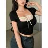 imageSHENHE Womens Bowknot Lace Short Sleeve Crew Neck T Shirts Slim Fit Elegant Cropped TopBlack