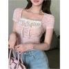 imageSHENHE Womens Bowknot Lace Short Sleeve Crew Neck T Shirts Slim Fit Elegant Cropped TopPink B