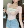 imageSHENHE Womens Bowknot Lace Short Sleeve Crew Neck T Shirts Slim Fit Elegant Cropped TopPink B