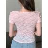 imageSHENHE Womens Bowknot Lace Short Sleeve Crew Neck T Shirts Slim Fit Elegant Cropped TopPink B