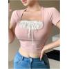 imageSHENHE Womens Bowknot Lace Short Sleeve Crew Neck T Shirts Slim Fit Elegant Cropped TopPink a