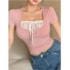 imageSHENHE Womens Bowknot Lace Short Sleeve Crew Neck T Shirts Slim Fit Elegant Cropped TopPink a