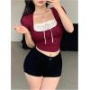 imageSHENHE Womens Bowknot Lace Short Sleeve Crew Neck T Shirts Slim Fit Elegant Cropped TopRed