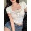 imageSHENHE Womens Bowknot Lace Short Sleeve Crew Neck T Shirts Slim Fit Elegant Cropped TopWhite