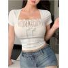 imageSHENHE Womens Bowknot Lace Short Sleeve Crew Neck T Shirts Slim Fit Elegant Cropped TopWhite