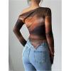 imageSHENHE Womens Off Shoulder Tie Dye Top Asymmetrical Long Sleeve Lettuce Trim Y2k Tee ShirtBrown