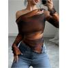 imageSHENHE Womens Off Shoulder Tie Dye Top Asymmetrical Long Sleeve Lettuce Trim Y2k Tee ShirtBrown
