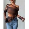 imageSHENHE Womens Off Shoulder Tie Dye Top Asymmetrical Long Sleeve Lettuce Trim Y2k Tee ShirtBrown