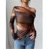 imageSHENHE Womens Off Shoulder Tie Dye Top Asymmetrical Long Sleeve Lettuce Trim Y2k Tee ShirtBrown