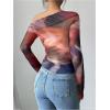 imageSHENHE Womens Off Shoulder Tie Dye Top Asymmetrical Long Sleeve Lettuce Trim Y2k Tee ShirtRed