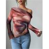 imageSHENHE Womens Off Shoulder Tie Dye Top Asymmetrical Long Sleeve Lettuce Trim Y2k Tee ShirtRed