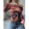 imageSHENHE Womens Off Shoulder Tie Dye Top Asymmetrical Long Sleeve Lettuce Trim Y2k Tee ShirtRed