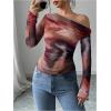 imageSHENHE Womens Off Shoulder Tie Dye Top Asymmetrical Long Sleeve Lettuce Trim Y2k Tee ShirtRed