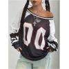 imageSHENHE Womens Oversized Mesh Jersey Shirt Y2k Long Sleeve Off Shoulder Graphic Tee TopBlack