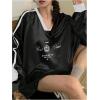 imageSHENHE Womens Satin Graphic Tee Shirt Long Sleeve V Neck Loose Fit Y2k Silky Top JerseyBlack