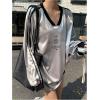 imageSHENHE Womens Satin Graphic Tee Shirt Long Sleeve V Neck Loose Fit Y2k Silky Top JerseySilver