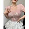 imageSHENHE Womens Sequin Bow Top Y2K Ribbed Knit Tshirt Short Sleeve Cute Summer TeePink