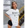 imageSHENHE Womens Striped Oversized Tops Button Down Short Sleeve Shirt Baseball Jersey BlouseWhite