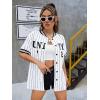 imageSHENHE Womens Striped Oversized Tops Button Down Short Sleeve Shirt Baseball Jersey BlouseWhite