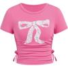 imageSHENHE Girls Cute Graphic Tee Bow Print Crew Neck Ruched Drawstring Fitted Crop Tshirt TopPink