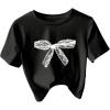 imageSHENHE Womens Bow Print Short Sleeve Crop Tops Round Neck Fitted Summer Tee ShirtsBlack