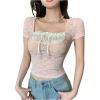 imageSHENHE Womens Bowknot Lace Short Sleeve Crew Neck T Shirts Slim Fit Elegant Cropped TopPink B