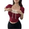 imageSHENHE Womens Bowknot Lace Short Sleeve Crew Neck T Shirts Slim Fit Elegant Cropped TopRed
