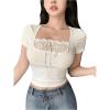 imageSHENHE Womens Bowknot Lace Short Sleeve Crew Neck T Shirts Slim Fit Elegant Cropped TopWhite