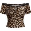imageSHENHE Womens Leopard Off Shoulder Lace Trim Cross Decor Short Sleeve Sexy T ShirtsBrown