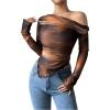 imageSHENHE Womens Off Shoulder Tie Dye Top Asymmetrical Long Sleeve Lettuce Trim Y2k Tee ShirtBrown