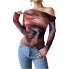 imageSHENHE Womens Off Shoulder Tie Dye Top Asymmetrical Long Sleeve Lettuce Trim Y2k Tee ShirtRed