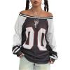 imageSHENHE Womens Oversized Mesh Jersey Shirt Y2k Long Sleeve Off Shoulder Graphic Tee TopBlack