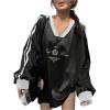 imageSHENHE Womens Satin Graphic Tee Shirt Long Sleeve V Neck Loose Fit Y2k Silky Top JerseyBlack