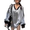 imageSHENHE Womens Satin Graphic Tee Shirt Long Sleeve V Neck Loose Fit Y2k Silky Top JerseySilver