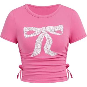 imageSHENHE Girls Cute Graphic Tee Bow Print Crew Neck Ruched Drawstring Fitted Crop Tshirt TopPink