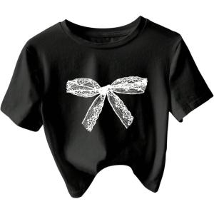 imageSHENHE Womens Bow Print Short Sleeve Crop Tops Round Neck Fitted Summer Tee ShirtsBlack