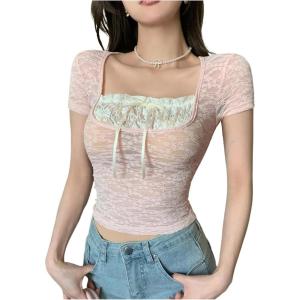 imageSHENHE Womens Bowknot Lace Short Sleeve Crew Neck T Shirts Slim Fit Elegant Cropped TopPink B