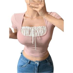 imageSHENHE Womens Bowknot Lace Short Sleeve Crew Neck T Shirts Slim Fit Elegant Cropped TopPink a