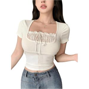 imageSHENHE Womens Bowknot Lace Short Sleeve Crew Neck T Shirts Slim Fit Elegant Cropped TopWhite