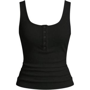 imageSHENHE Womens Button Up Scoop Neck Henley Tank Tops Ribbed Fitted Basic Knit TanksBlack