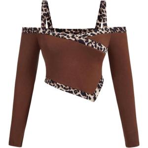 imageSHENHE Womens Cold Shoulder Leopard Print Long Sleeve Asymmetrical Fitted Crop Tee TopRust Brown