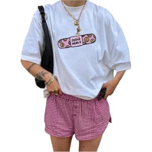 imageSHENHE Womens Graphic Crew Neck Short Sleeve T Shirt Summer Oversized Cute Tee TopsWhite