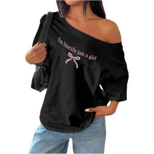 imageSHENHE Womens Off The Shoulder Oversized Bow Graphic Tee Shirt Short Sleeve Y2k TopBlack