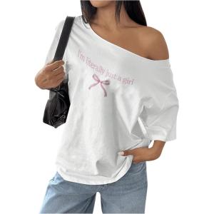 imageSHENHE Womens Off The Shoulder Oversized Bow Graphic Tee Shirt Short Sleeve Y2k TopWhite