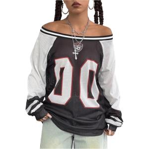 imageSHENHE Womens Oversized Mesh Jersey Shirt Y2k Long Sleeve Off Shoulder Graphic Tee TopBlack