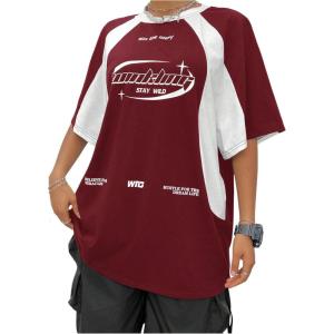 imageSHENHE Womens Oversized Vintage Graphic Tee Short Sleeve Color Block Jersey Shirt TopBurgundy